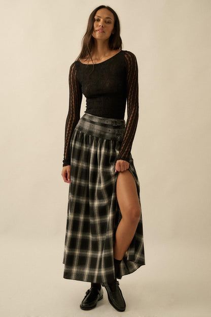 Checkered Past Belted Drop-Waist Plaid Maxi Skirt