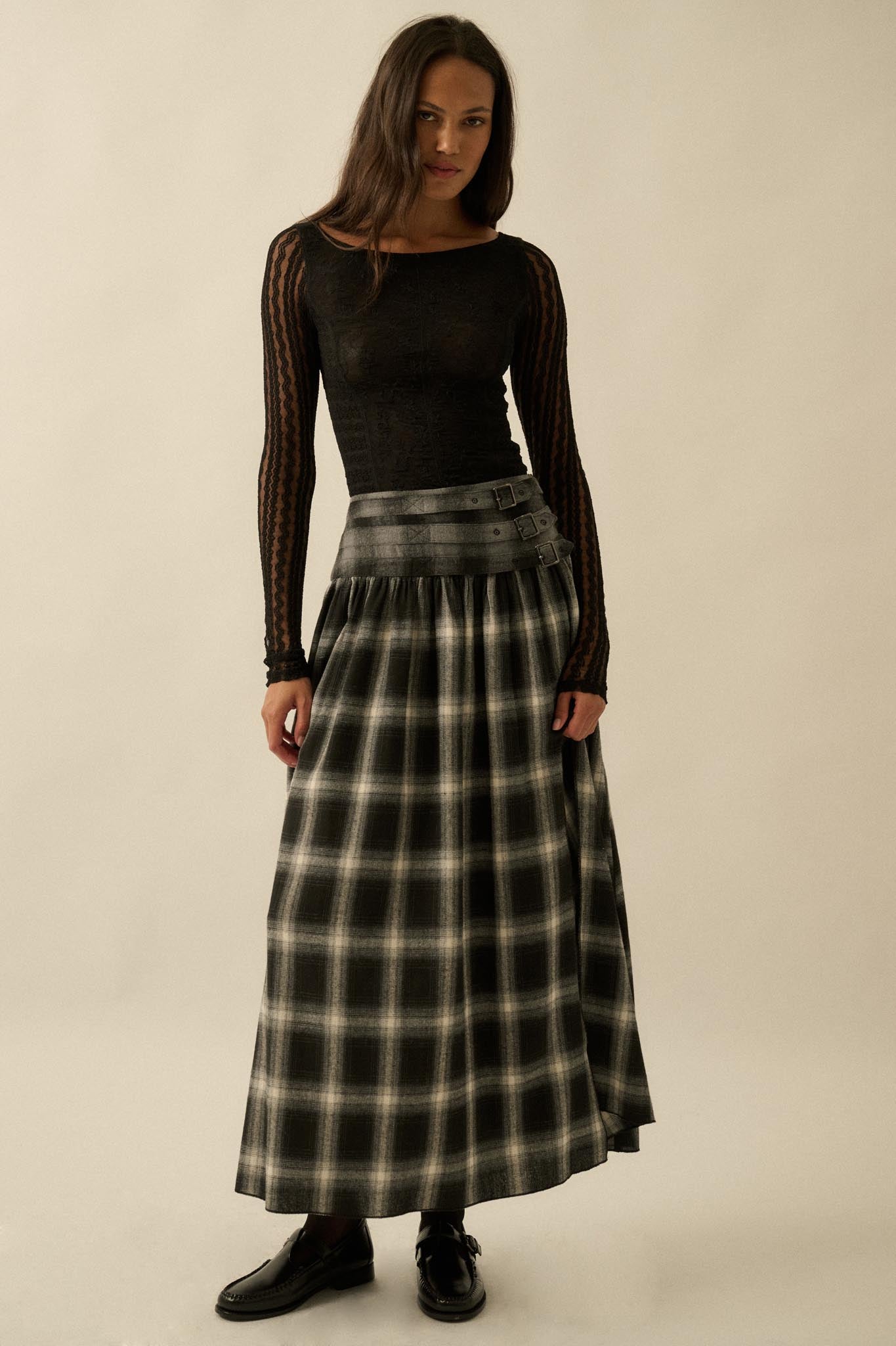Checkered Past Belted Drop-Waist Plaid Maxi Skirt