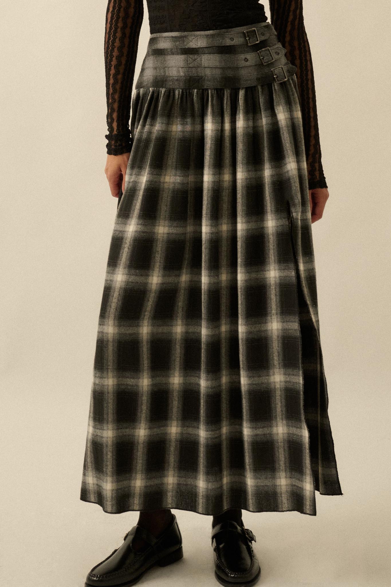 Checkered Past Belted Drop-Waist Plaid Maxi Skirt