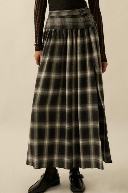 Checkered Past Belted Drop-Waist Plaid Maxi Skirt