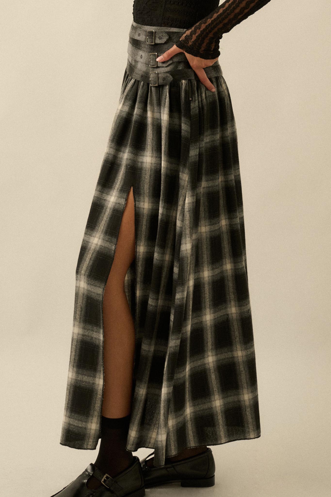 Checkered Past Belted Drop-Waist Plaid Maxi Skirt