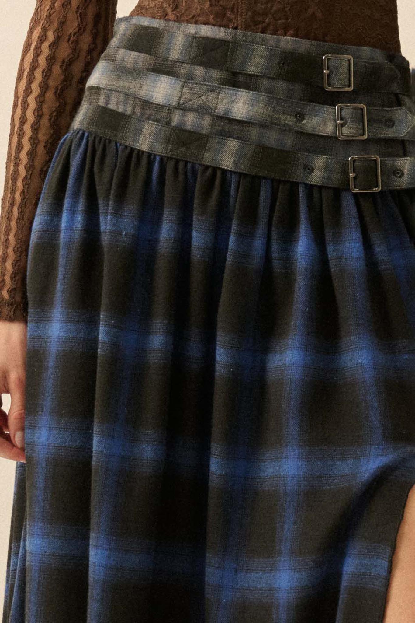 Checkered Past Belted Drop-Waist Plaid Maxi Skirt