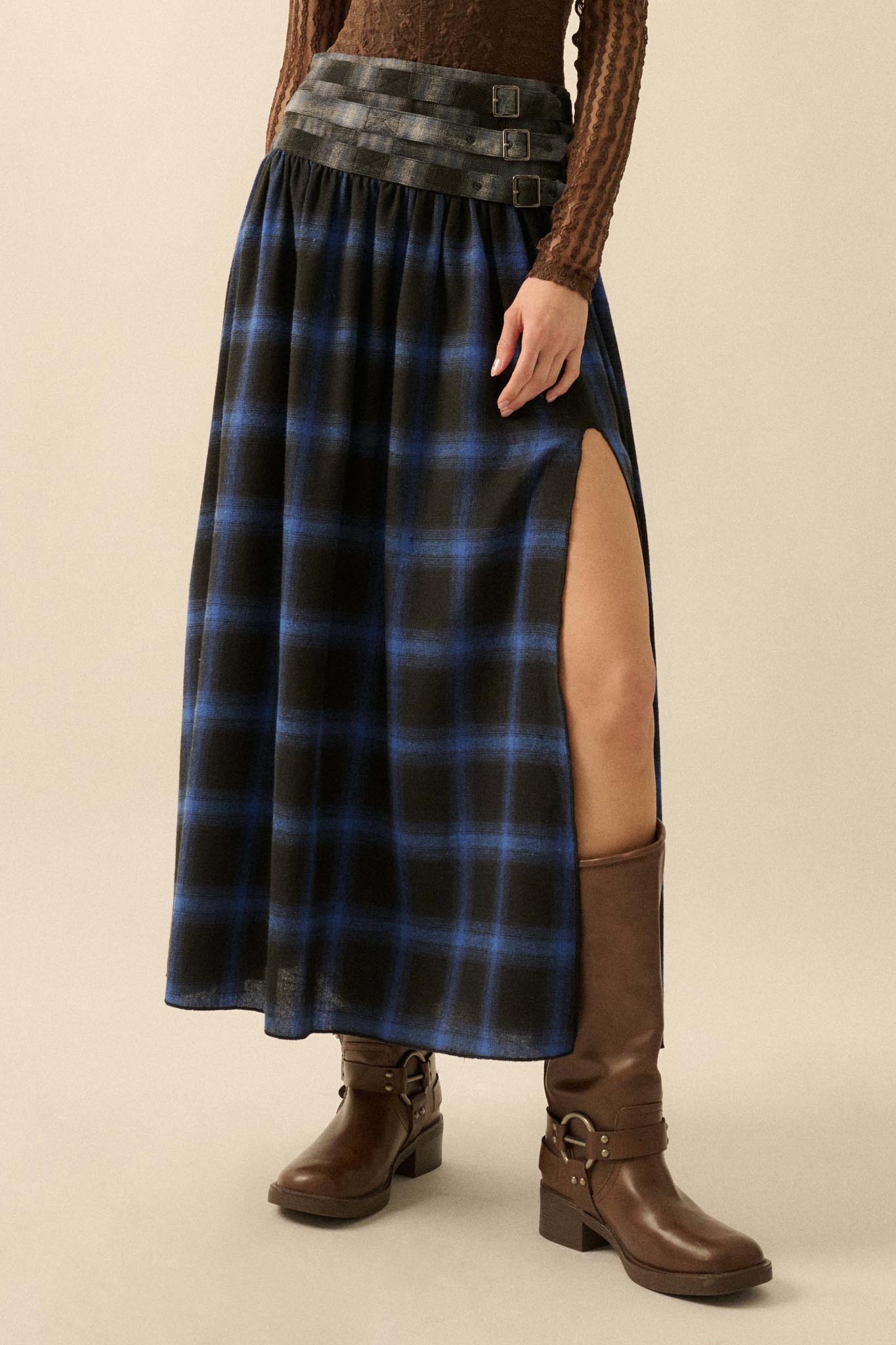 Checkered Past Belted Drop-Waist Plaid Maxi Skirt