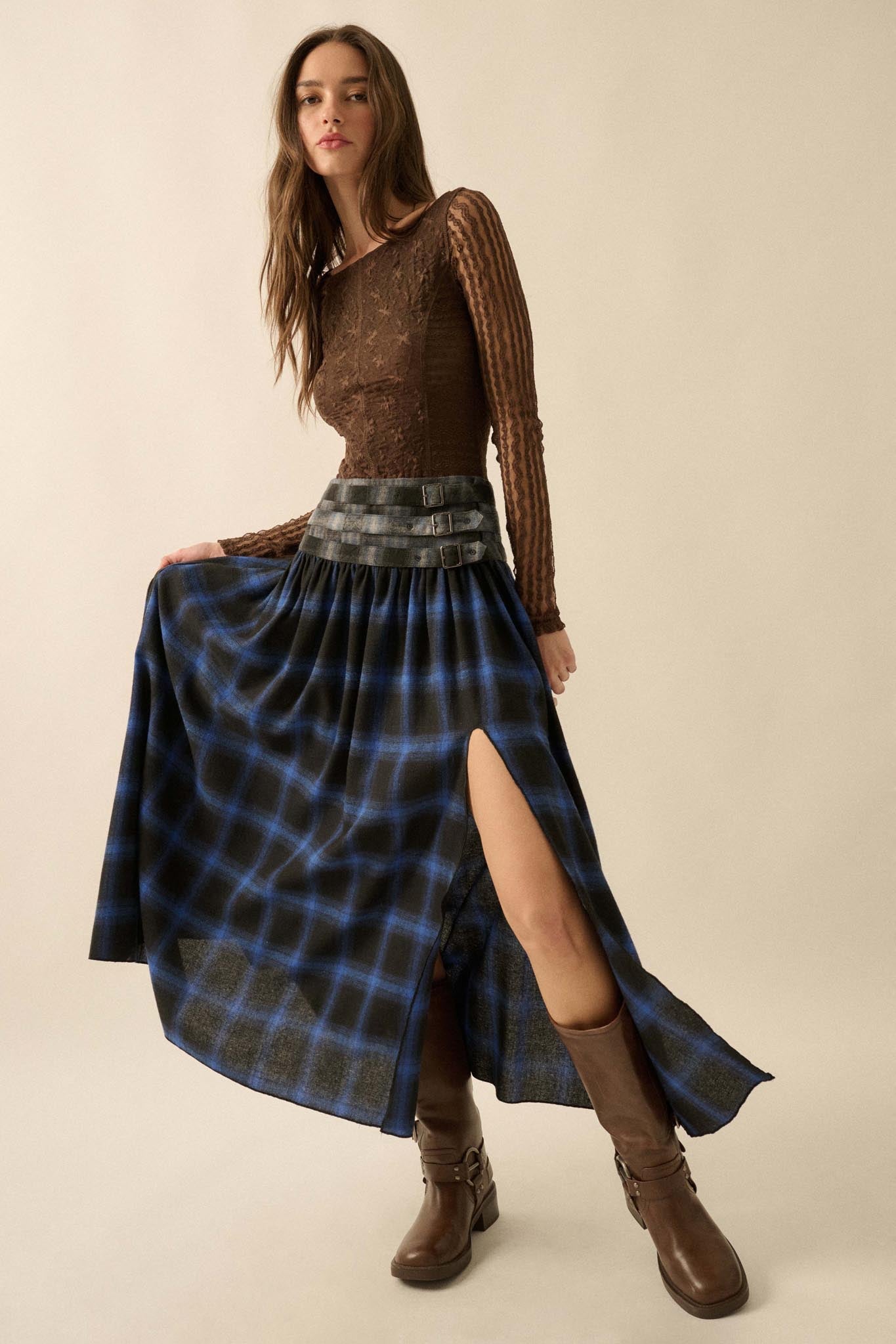 Checkered Past Belted Drop-Waist Plaid Maxi Skirt