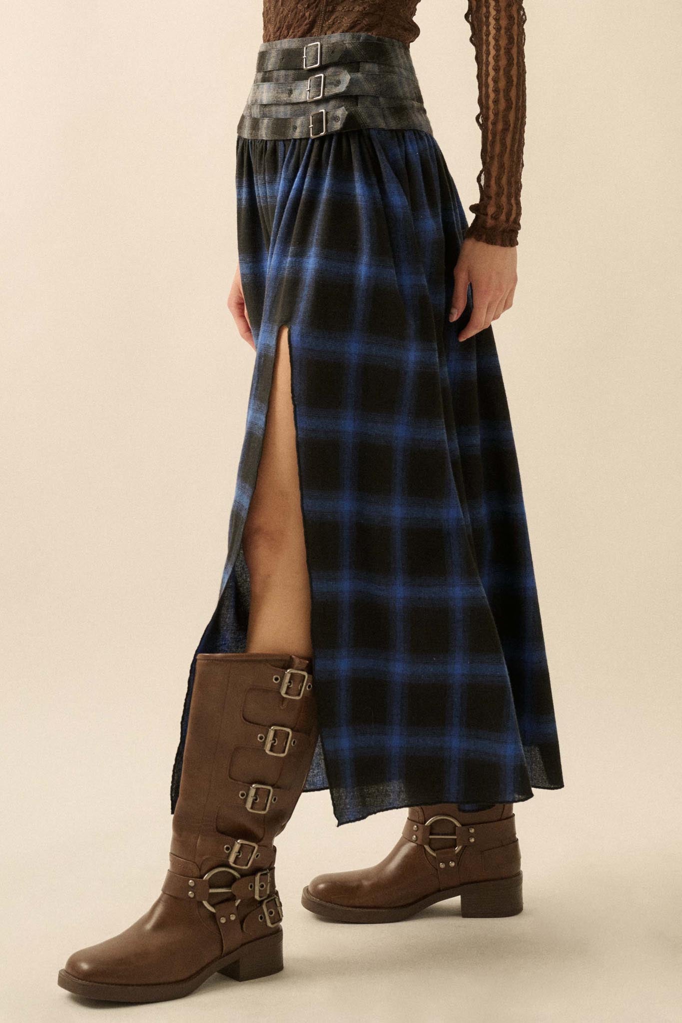 Checkered Past Belted Drop-Waist Plaid Maxi Skirt
