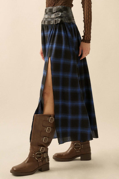 Checkered Past Belted Drop-Waist Plaid Maxi Skirt