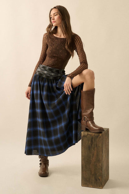 Checkered Past Belted Drop-Waist Plaid Maxi Skirt