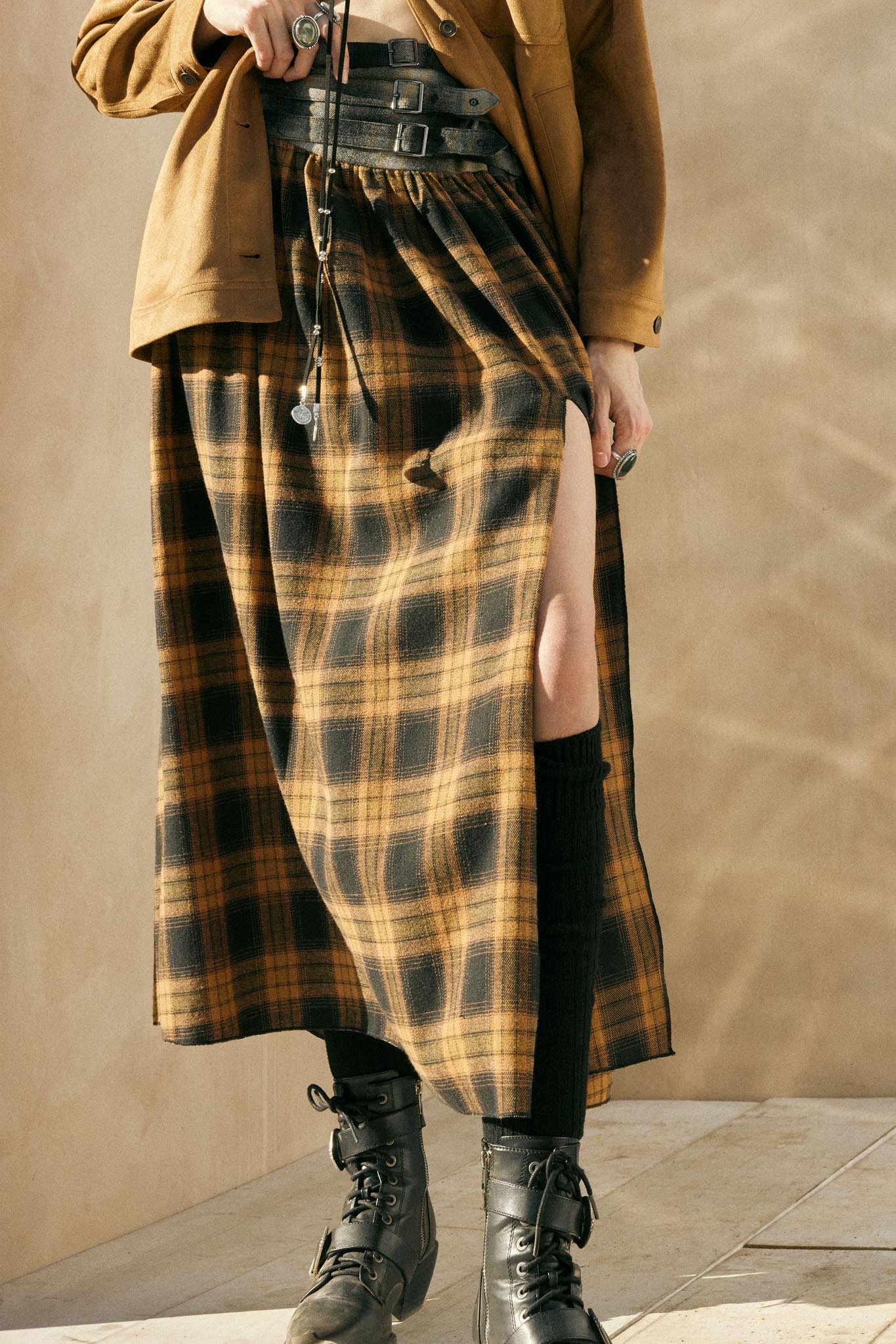 Checkered Past Belted Drop-Waist Plaid Maxi Skirt