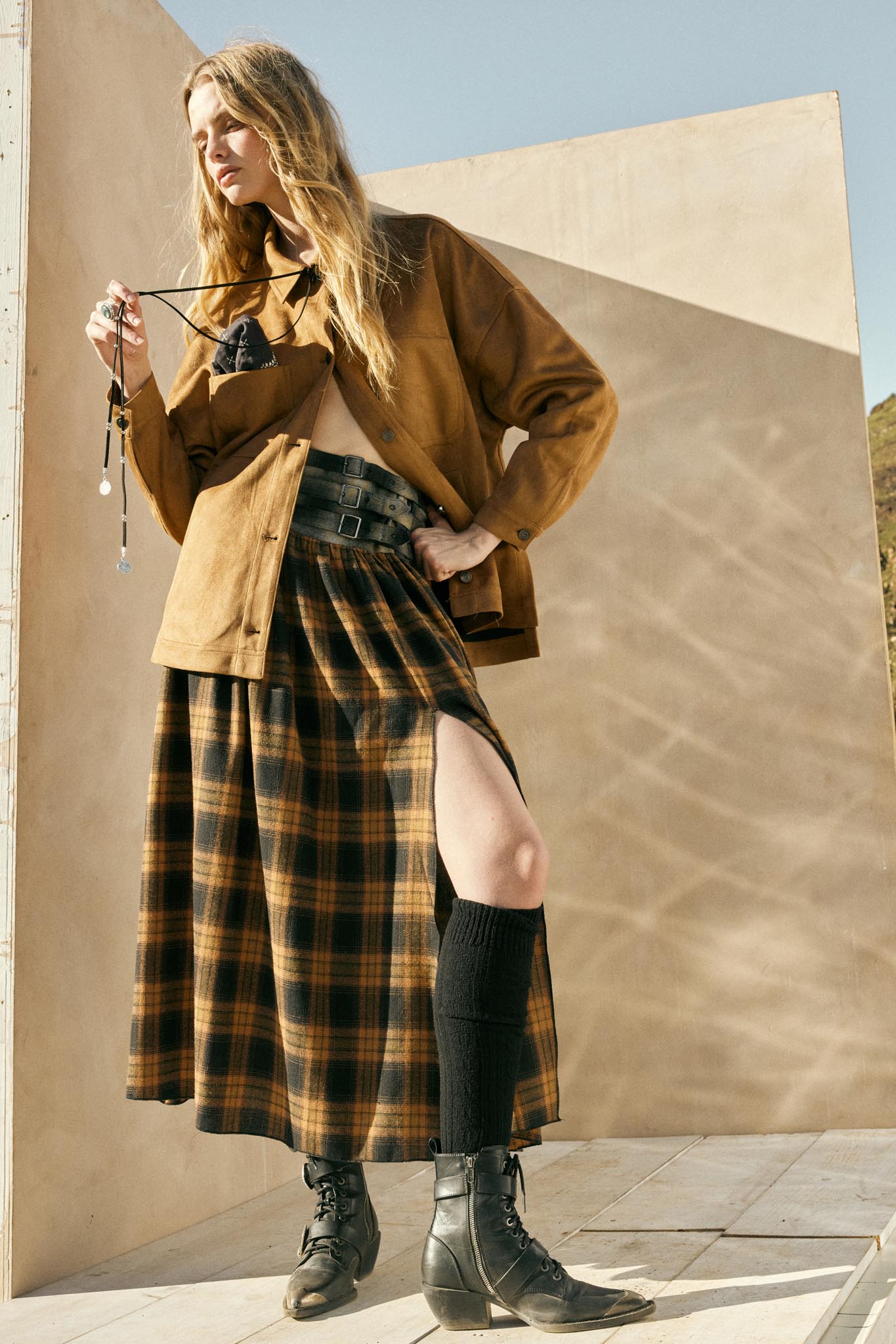Checkered Past Belted Drop-Waist Plaid Maxi Skirt