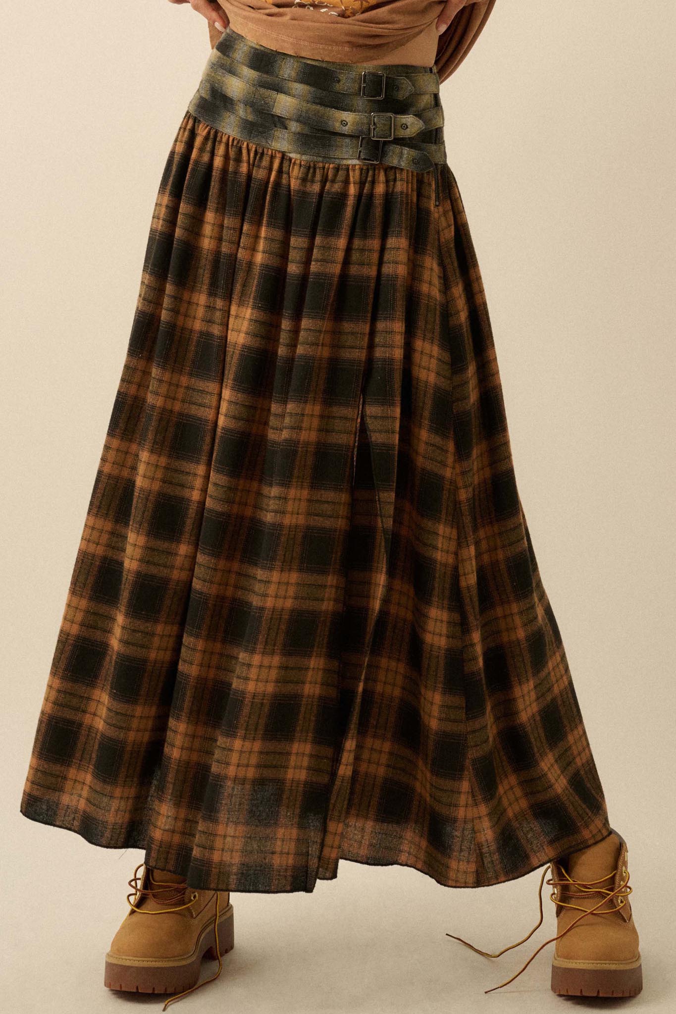 Checkered Past Belted Drop-Waist Plaid Maxi Skirt