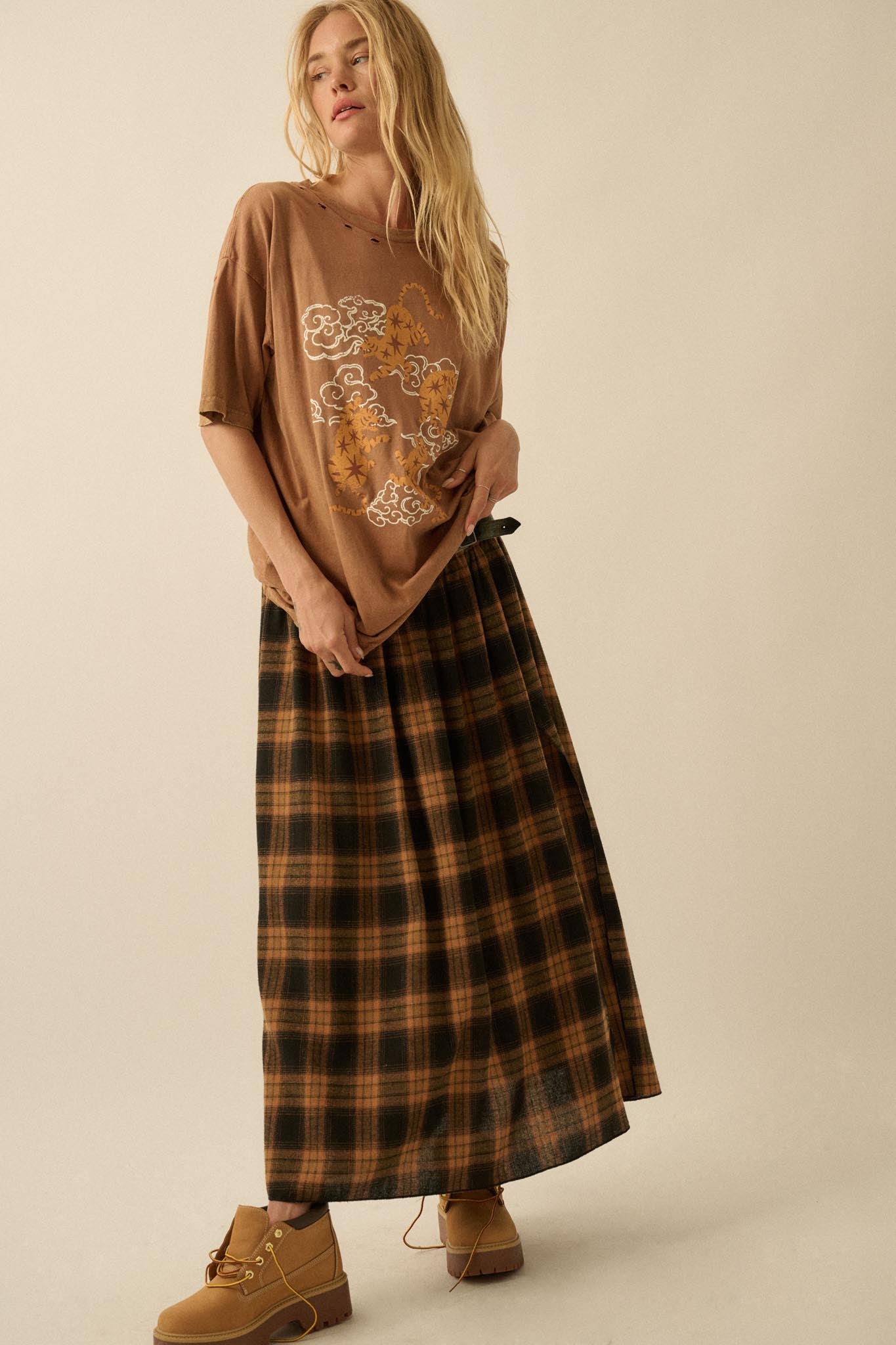 Checkered Past Belted Drop-Waist Plaid Maxi Skirt