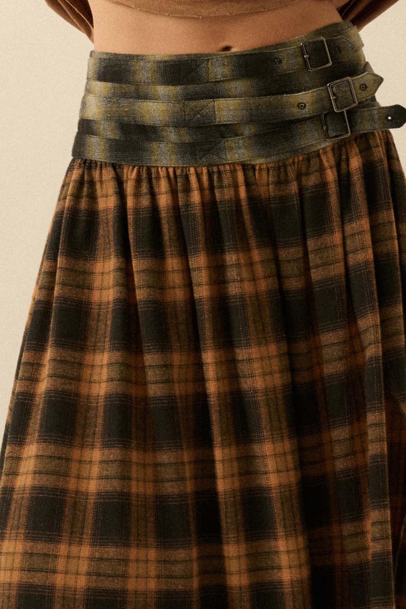 Checkered Past Belted Drop-Waist Plaid Maxi Skirt