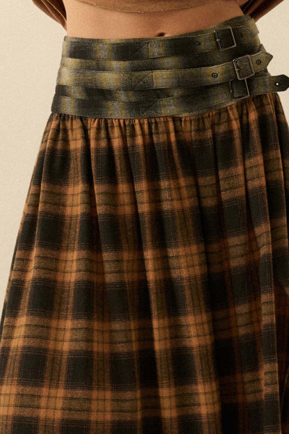 Checkered Past Belted Drop-Waist Plaid Maxi Skirt