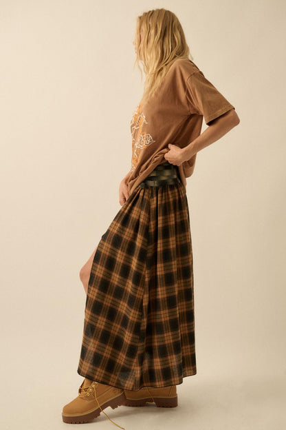 Checkered Past Belted Drop-Waist Plaid Maxi Skirt