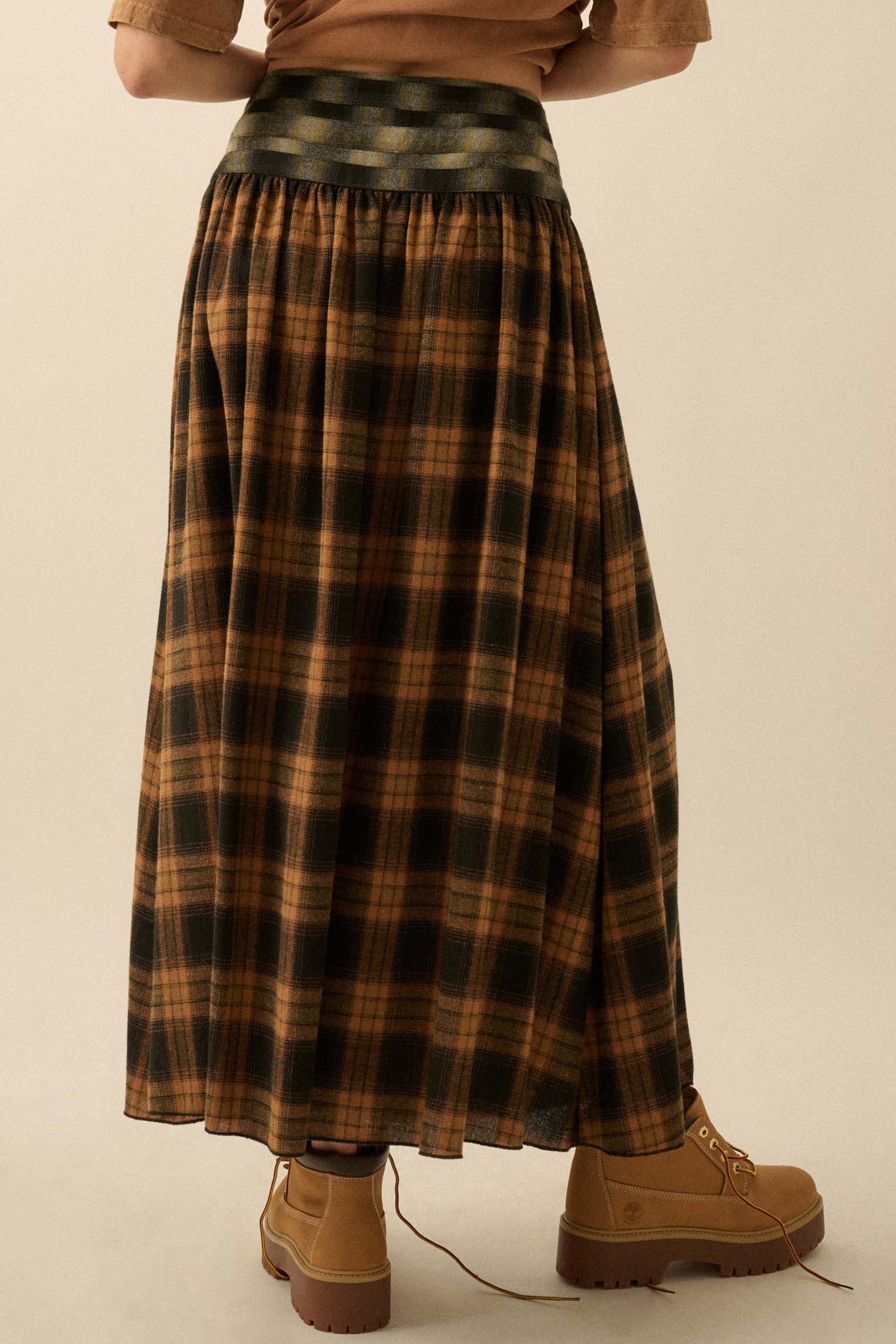 Checkered Past Belted Drop-Waist Plaid Maxi Skirt