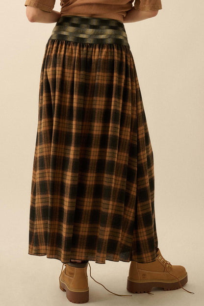 Checkered Past Belted Drop-Waist Plaid Maxi Skirt