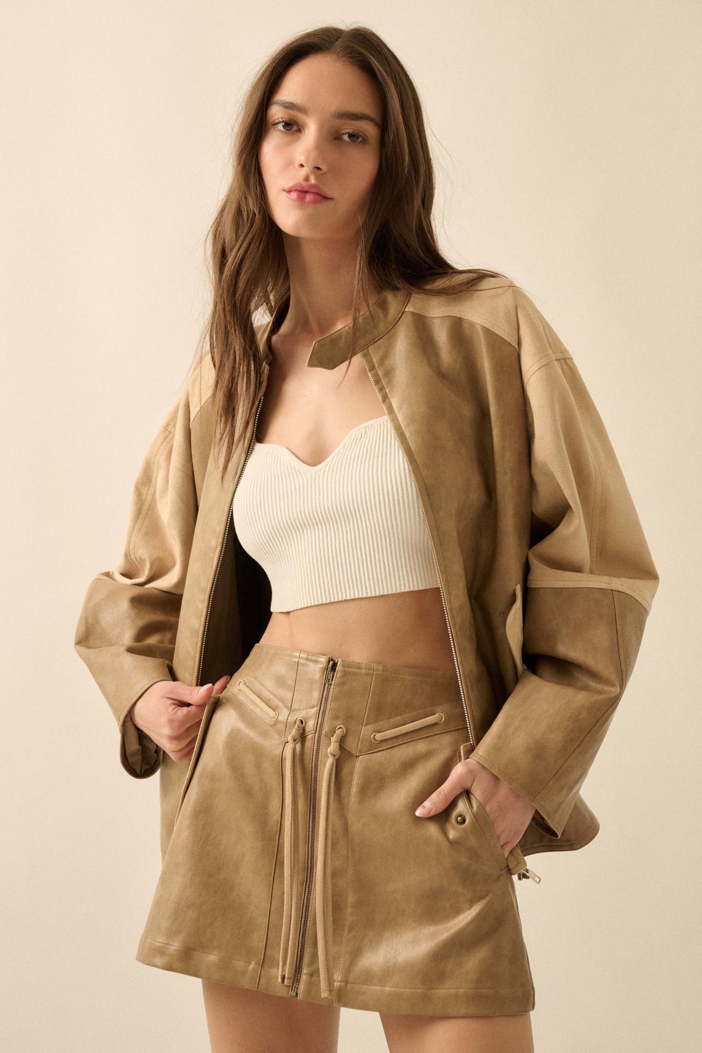Road Rules Vegan Leather and Suede Mini Skirt