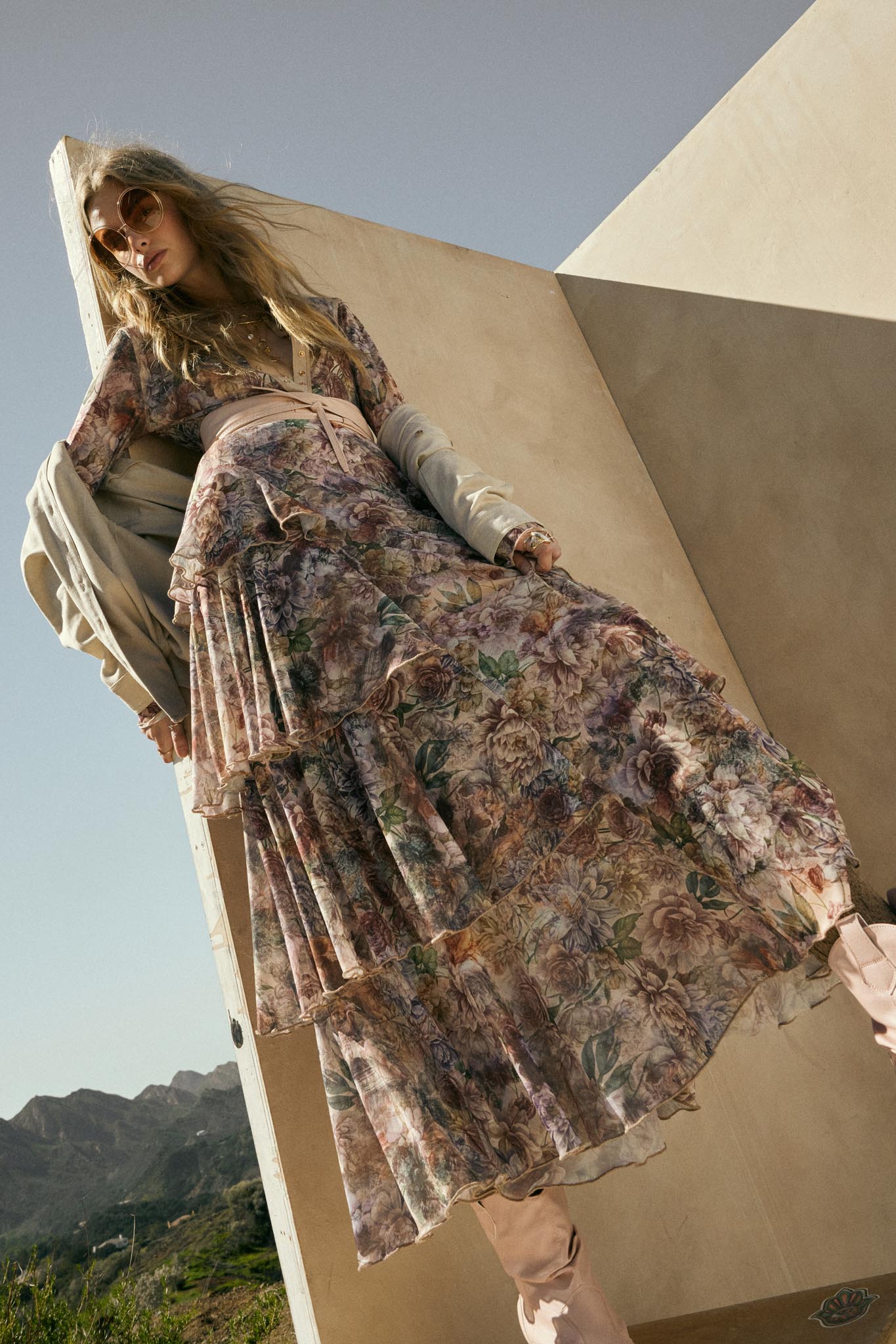 Dream Valley Floral Mesh Tiered Ruffle Maxi Skirt