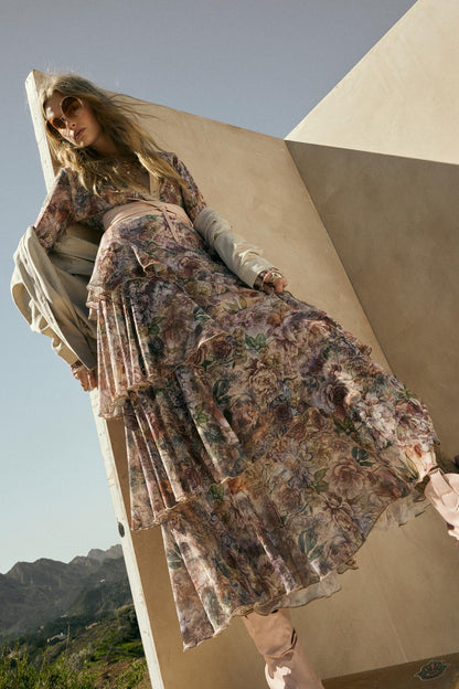 Dream Valley Floral Mesh Tiered Ruffle Maxi Skirt