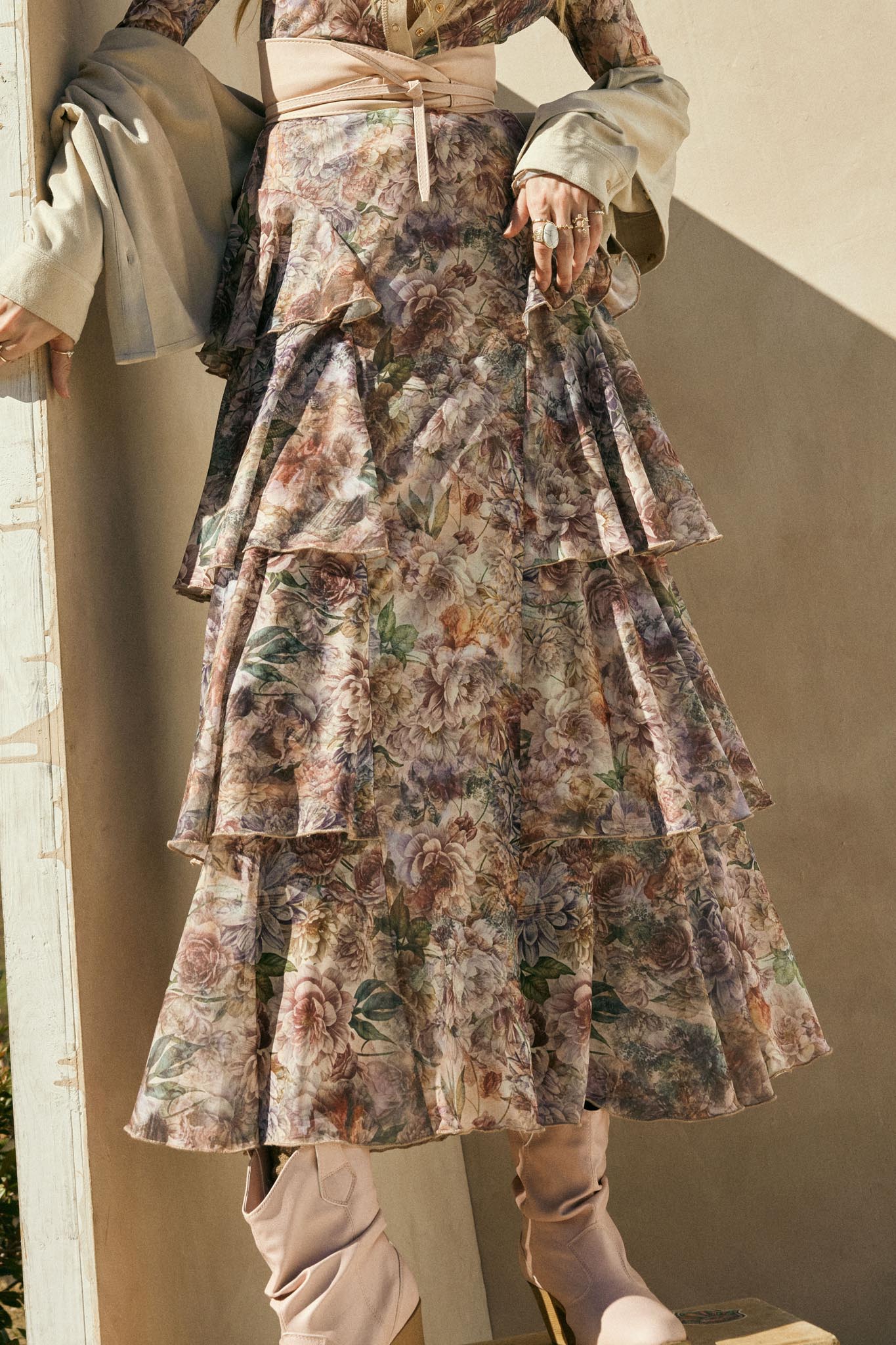 Dream Valley Floral Mesh Tiered Ruffle Maxi Skirt
