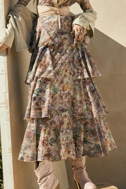 Dream Valley Floral Mesh Tiered Ruffle Maxi Skirt