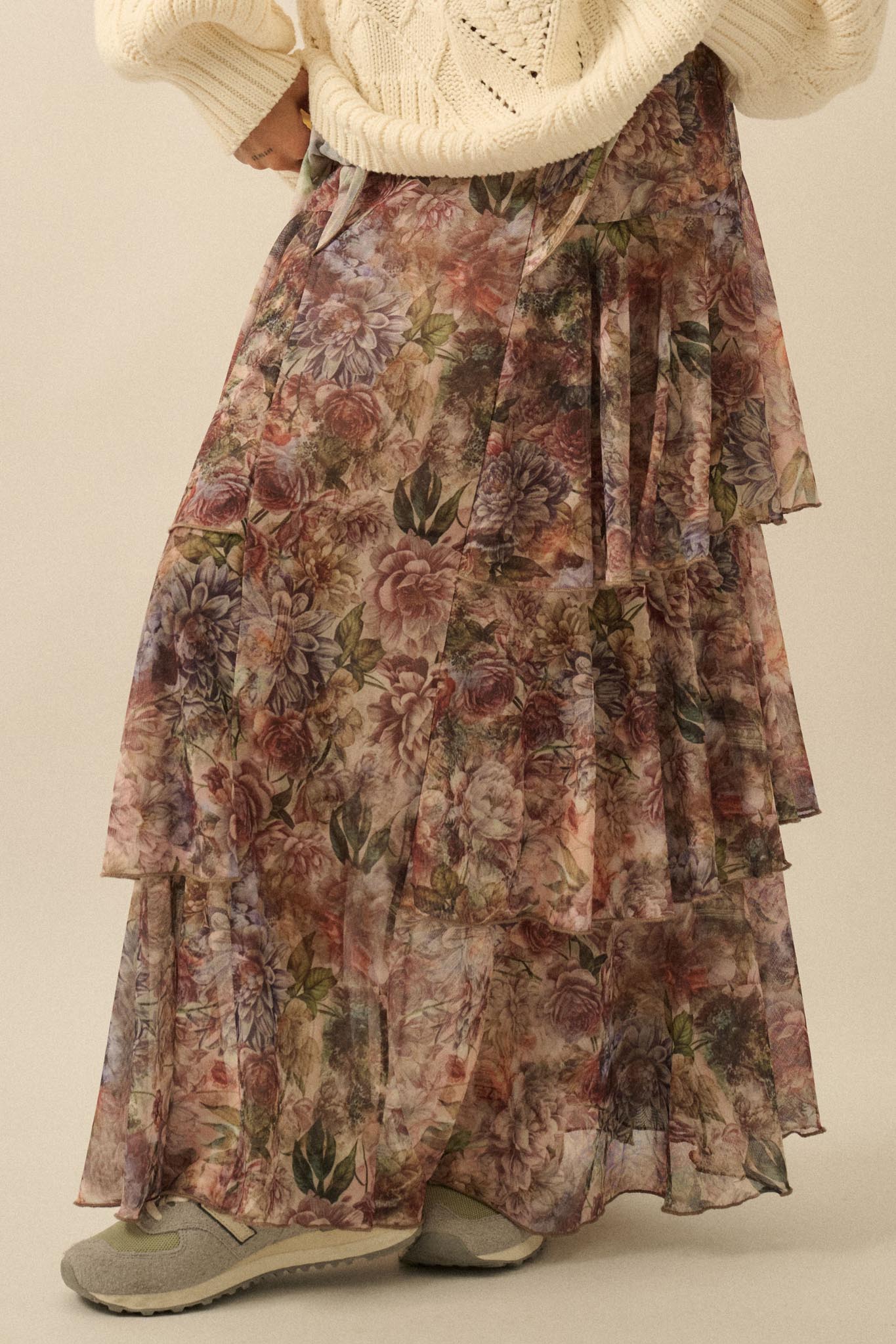 Dream Valley Floral Mesh Tiered Ruffle Maxi Skirt
