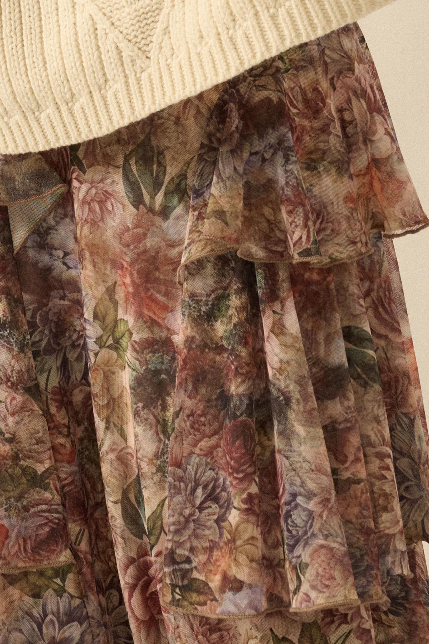 Dream Valley Floral Mesh Tiered Ruffle Maxi Skirt
