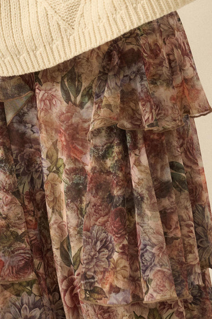 Dream Valley Floral Mesh Tiered Ruffle Maxi Skirt