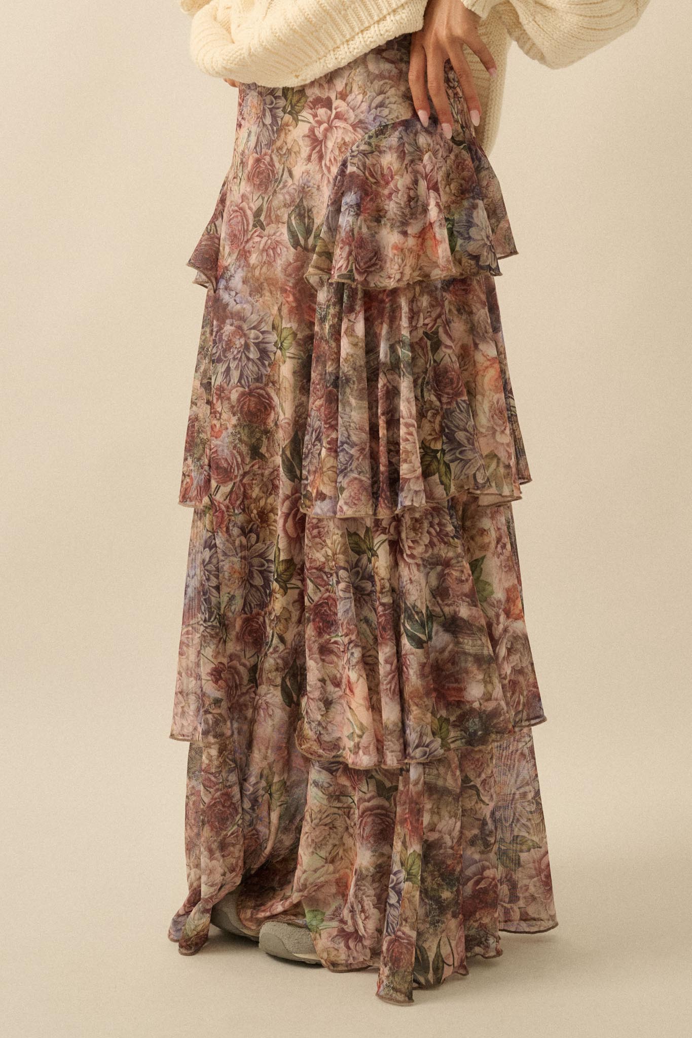 Dream Valley Floral Mesh Tiered Ruffle Maxi Skirt