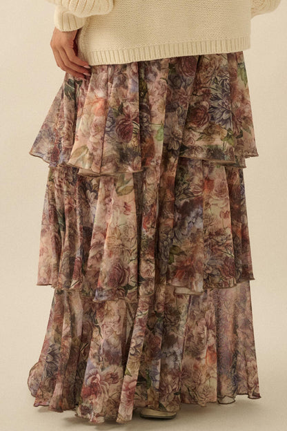 Dream Valley Floral Mesh Tiered Ruffle Maxi Skirt
