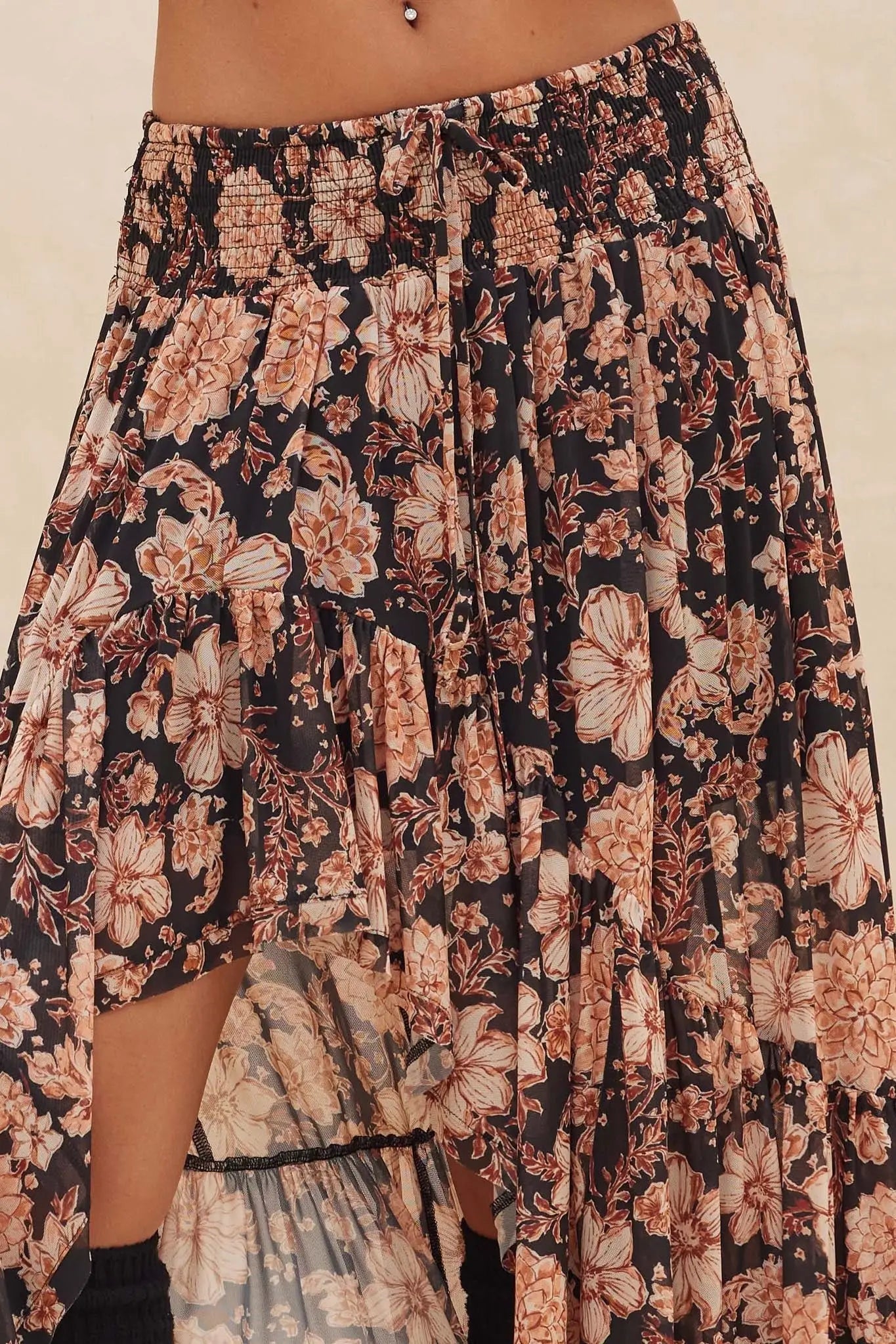 Floral Flourish Mesh High-Low Ruffle Maxi Skirt