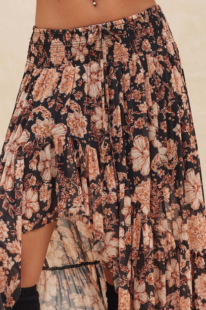 Floral Flourish Mesh High-Low Ruffle Maxi Skirt