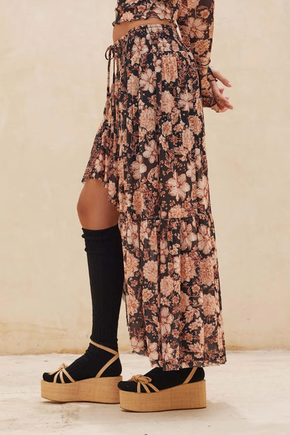 Floral Flourish Mesh High-Low Ruffle Maxi Skirt