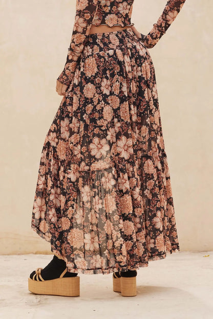 Floral Flourish Mesh High-Low Ruffle Maxi Skirt