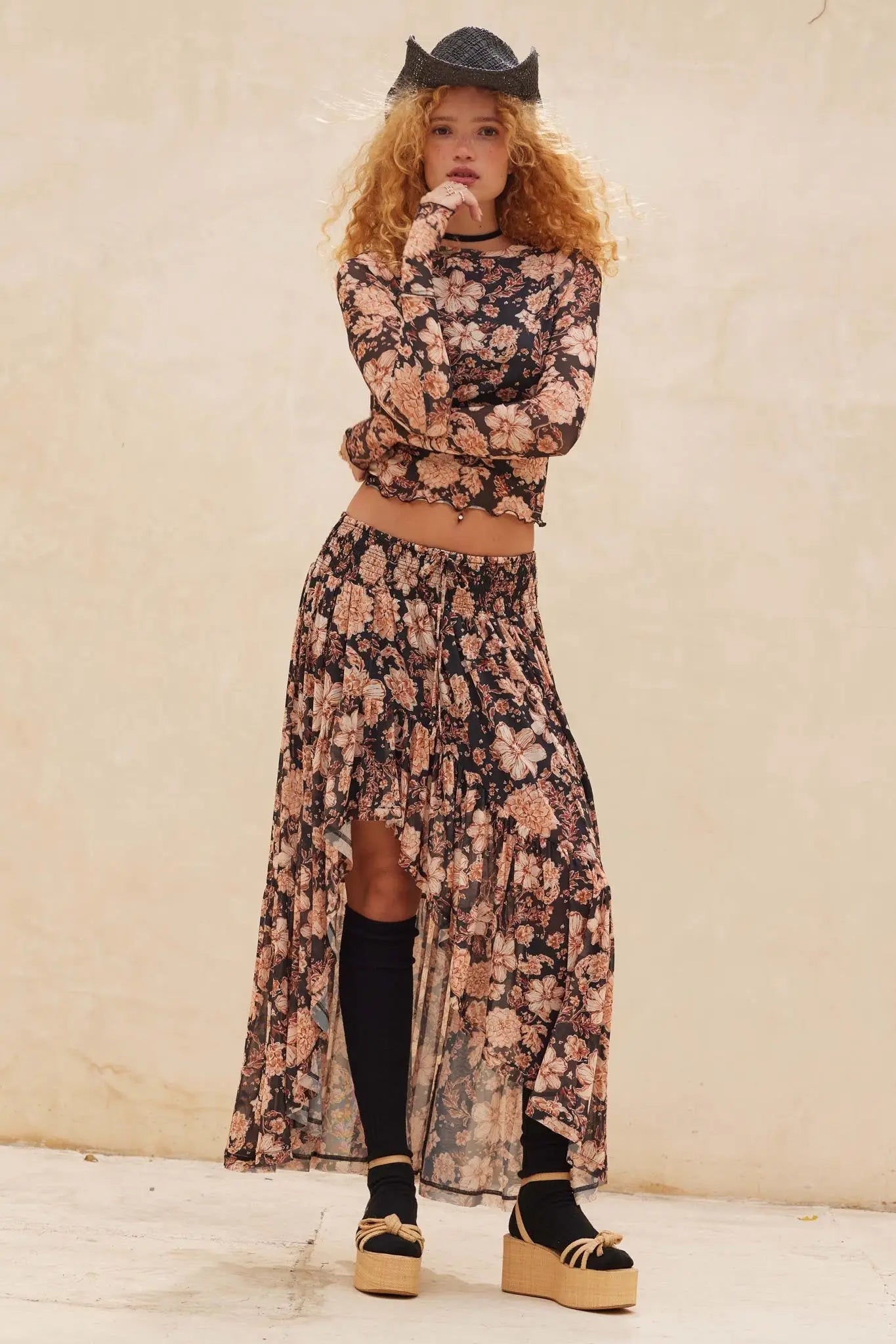 Floral Flourish Mesh High-Low Ruffle Maxi Skirt