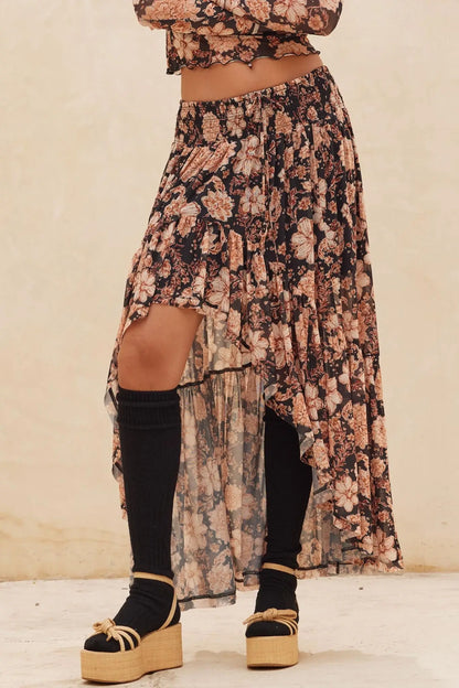 Floral Flourish Mesh High-Low Ruffle Maxi Skirt