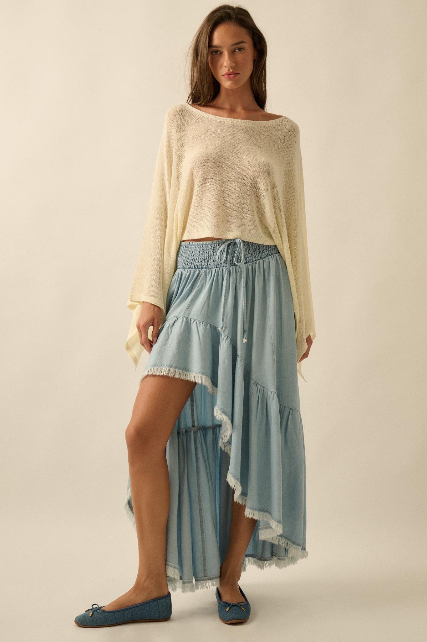 Breezy Sky Denim High-Low Tiered Ruffle Maxi Skirt
