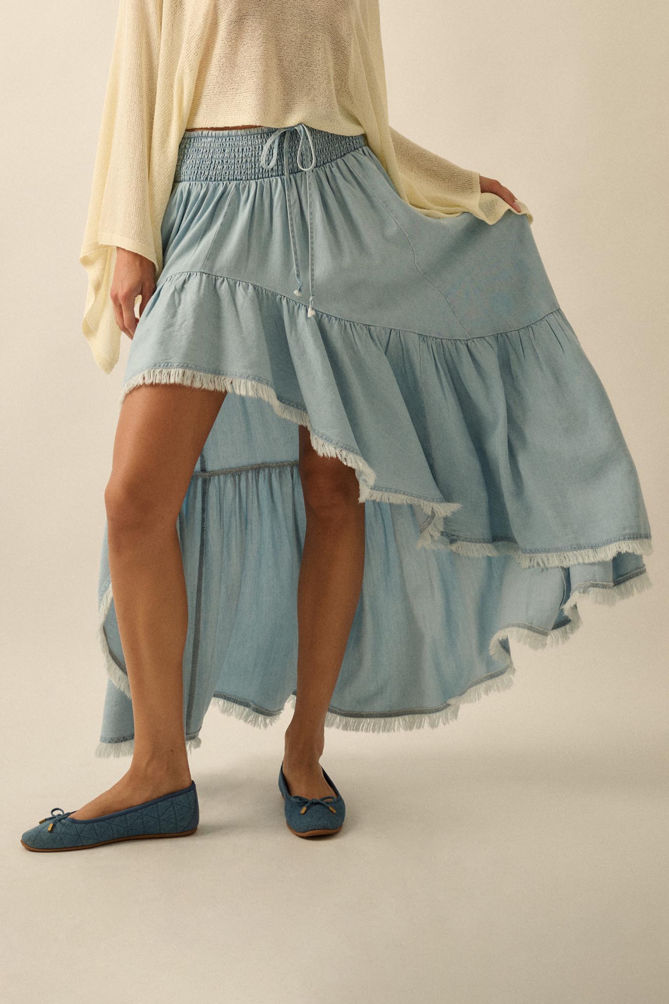Breezy Sky Denim High-Low Tiered Ruffle Maxi Skirt