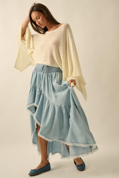 Breezy Sky Denim High-Low Tiered Ruffle Maxi Skirt