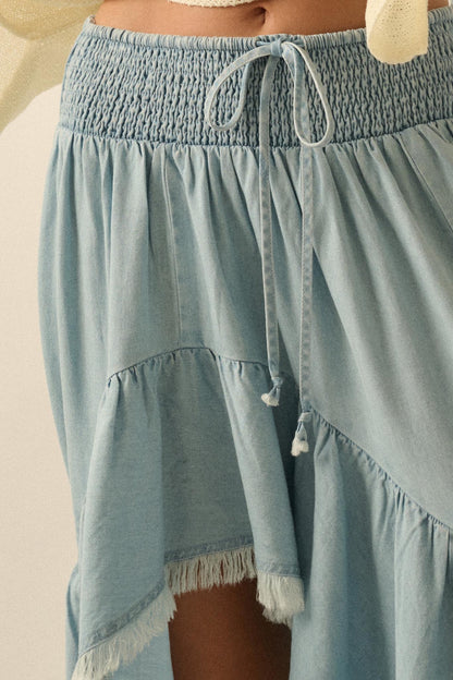 Breezy Sky Denim High-Low Tiered Ruffle Maxi Skirt