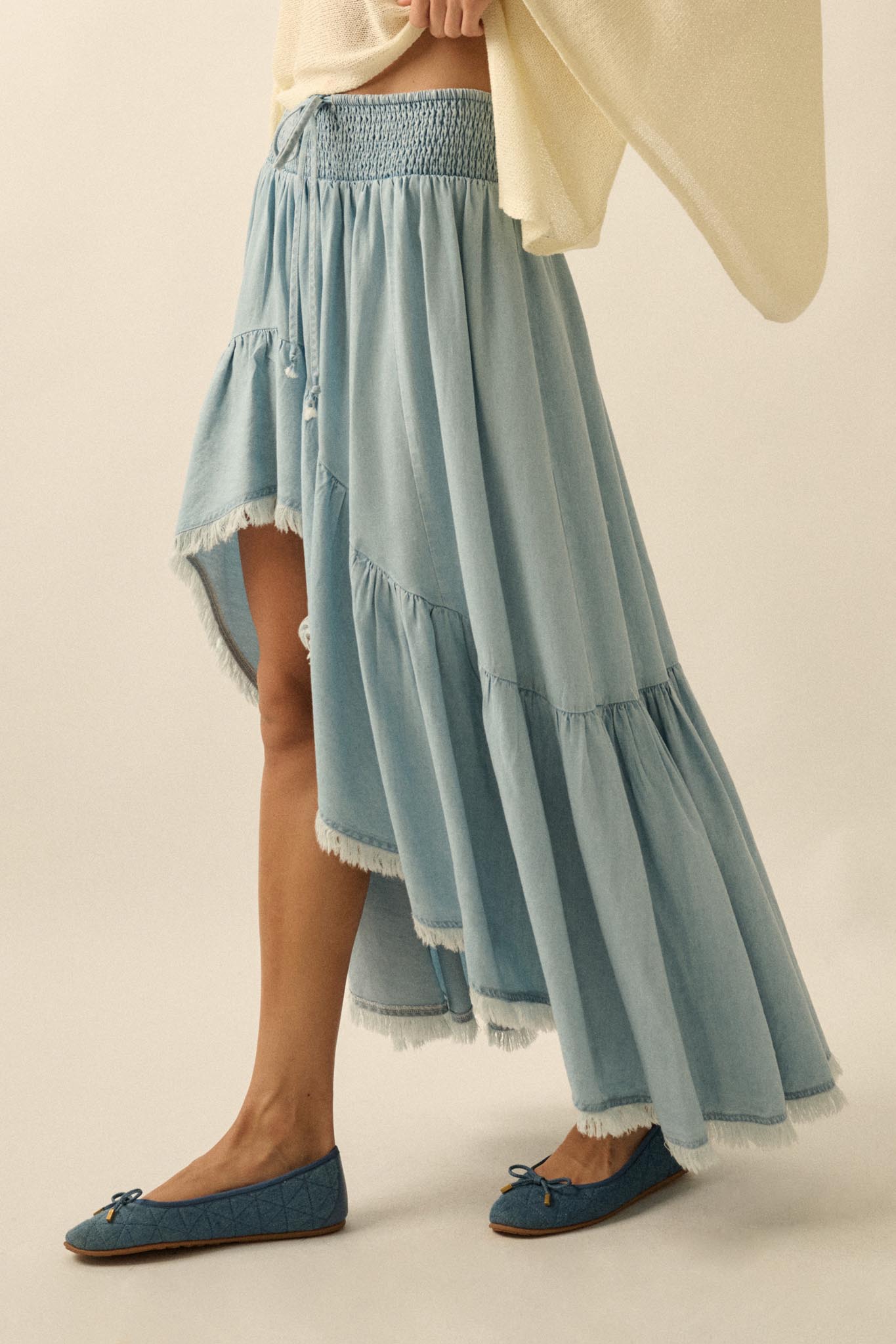 Breezy Sky Denim High-Low Tiered Ruffle Maxi Skirt