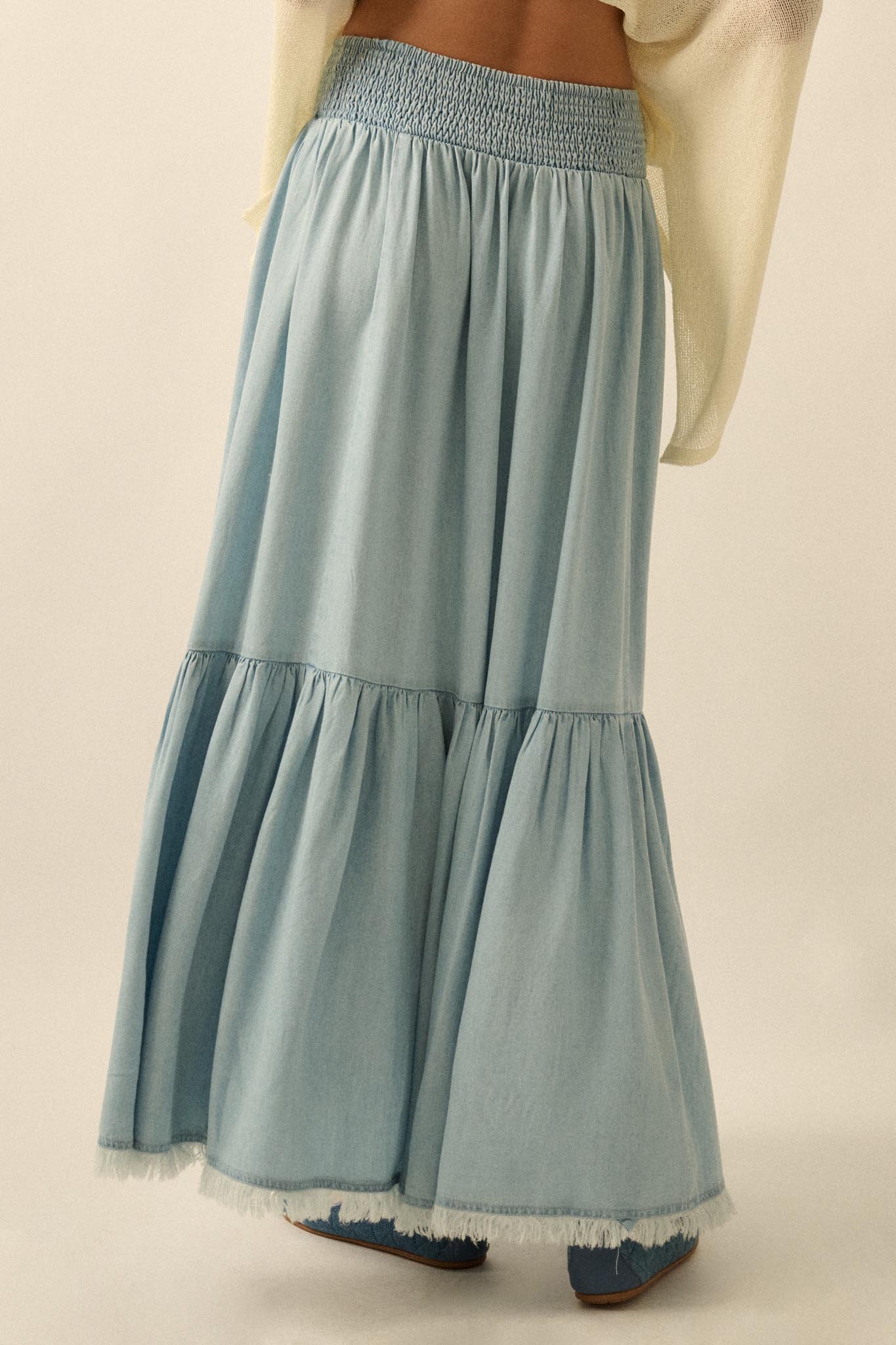 Breezy Sky Denim High-Low Tiered Ruffle Maxi Skirt