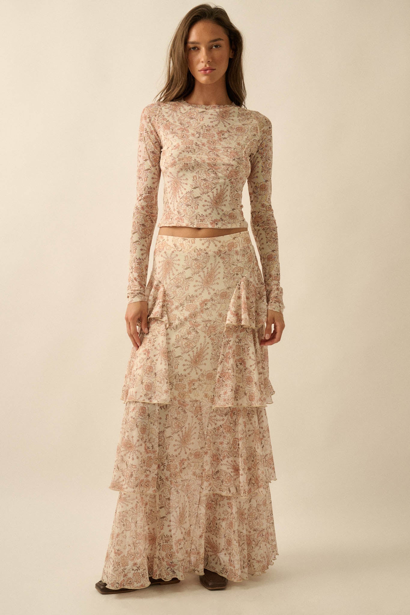 Pure Fantasy Paisley Mesh Tiered Ruffle Maxi Skirt
