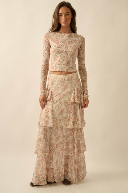 Pure Fantasy Paisley Mesh Tiered Ruffle Maxi Skirt