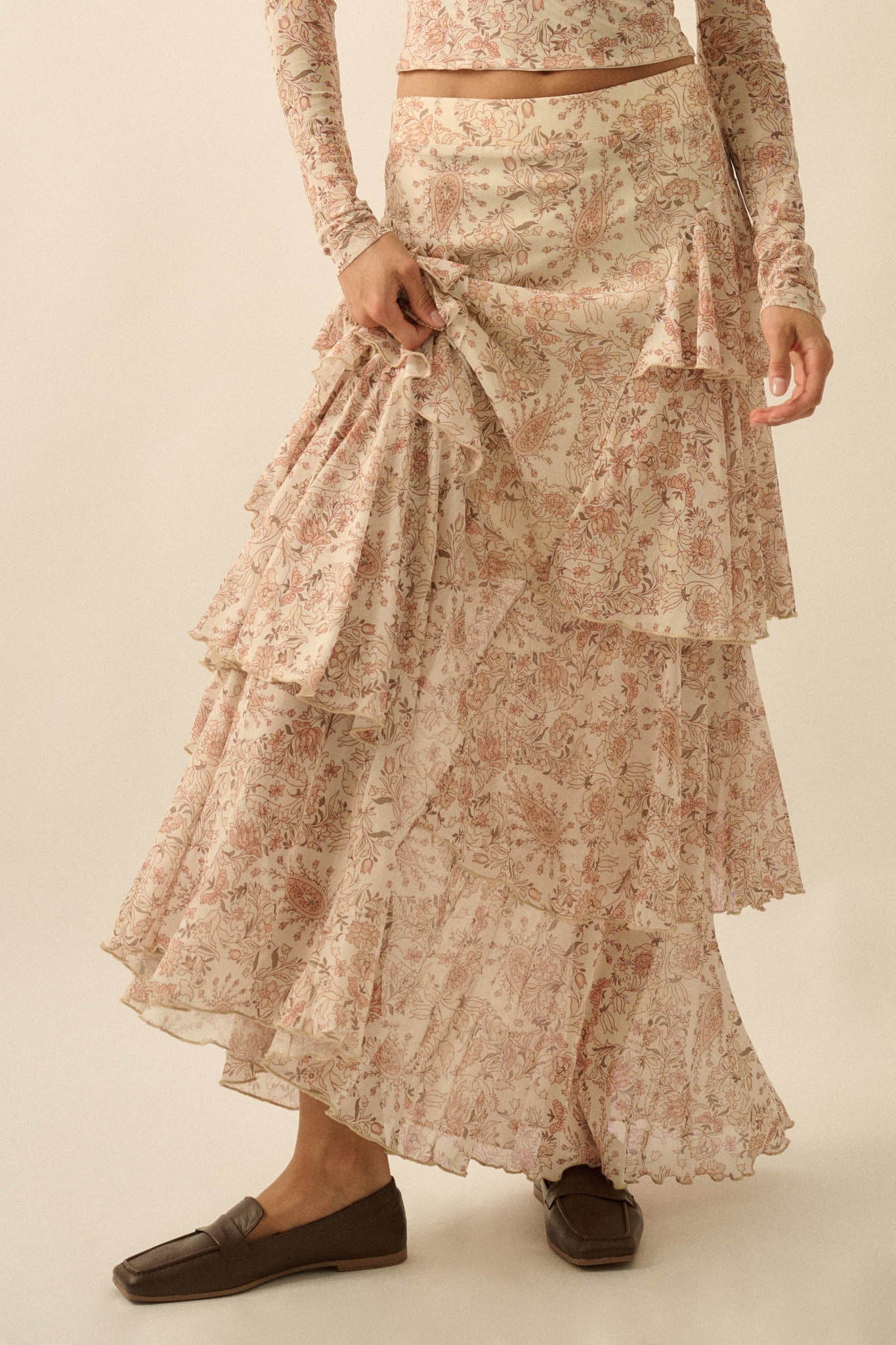 Pure Fantasy Paisley Mesh Tiered Ruffle Maxi Skirt