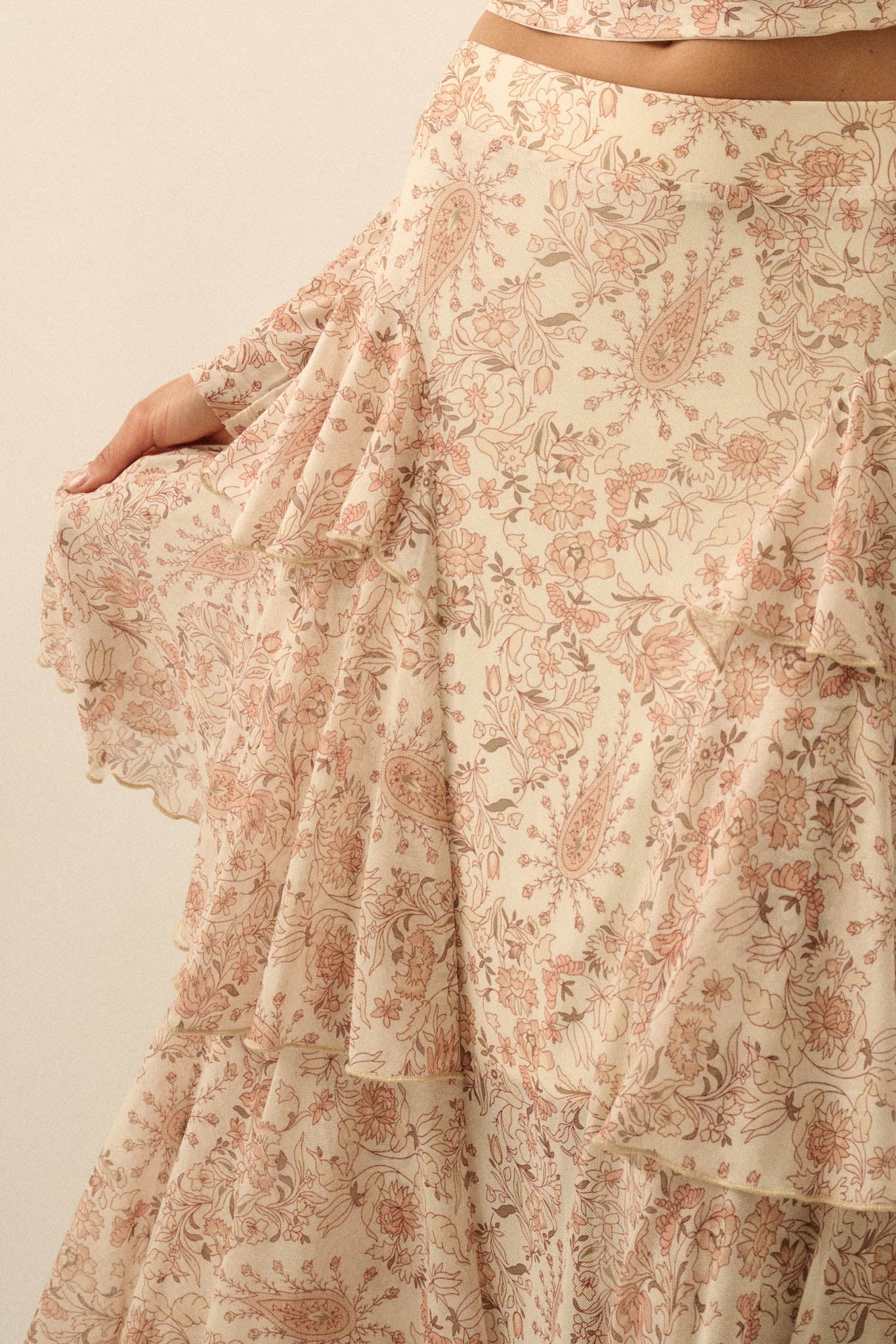 Pure Fantasy Paisley Mesh Tiered Ruffle Maxi Skirt