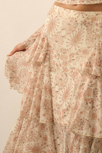 Pure Fantasy Paisley Mesh Tiered Ruffle Maxi Skirt