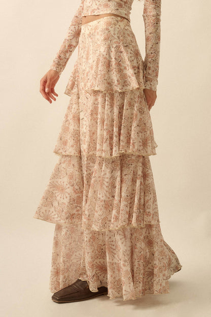 Pure Fantasy Paisley Mesh Tiered Ruffle Maxi Skirt