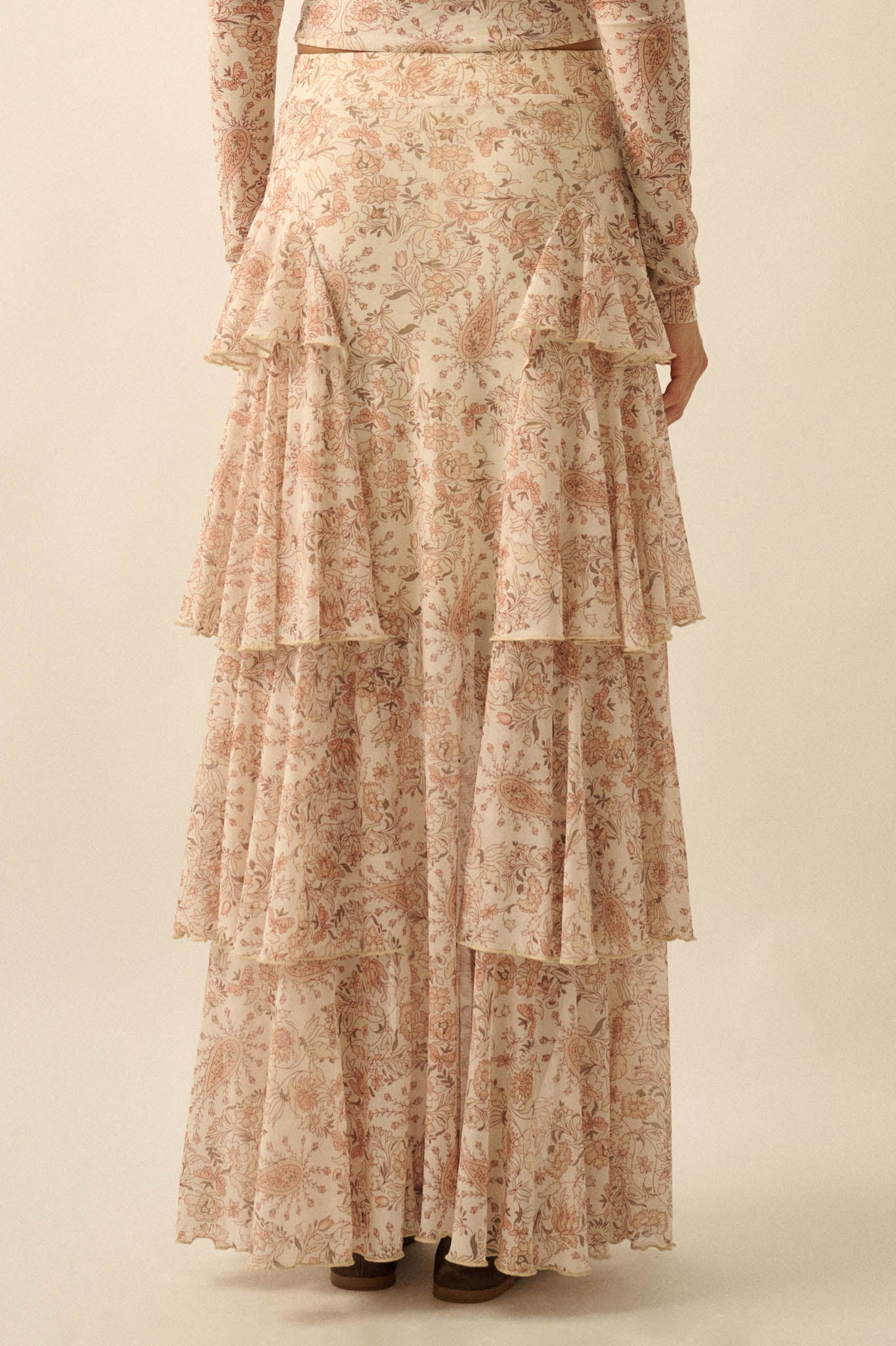 Pure Fantasy Paisley Mesh Tiered Ruffle Maxi Skirt