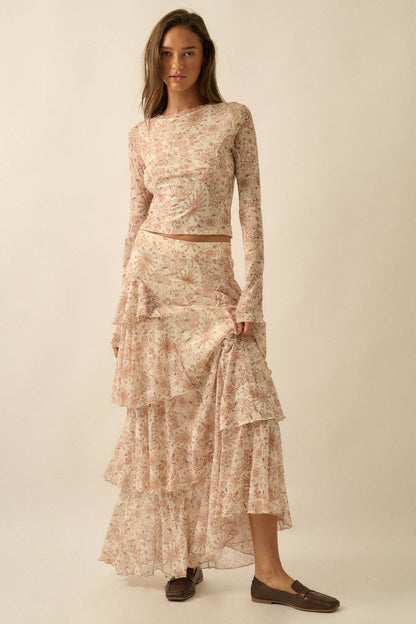 Pure Fantasy Paisley Mesh Tiered Ruffle Maxi Skirt